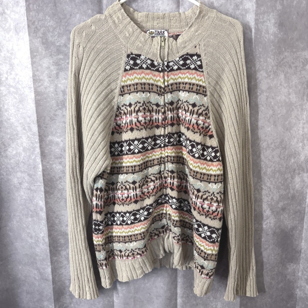 Tiara International Women's 1X Zip Sweater Tan Cardigan Grandmacore Cottagecore